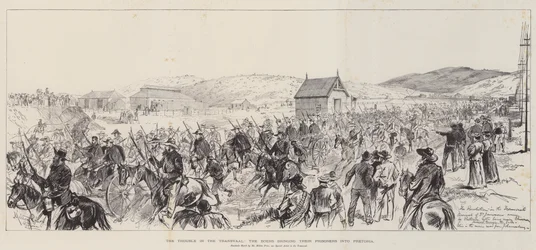 De problemen in de Transvaal, de Boeren brengen hun gevangenen naar Pretoria